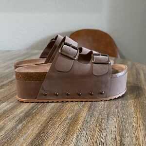 BAMBOO Double Buckle Slide Sandals in Taupe
